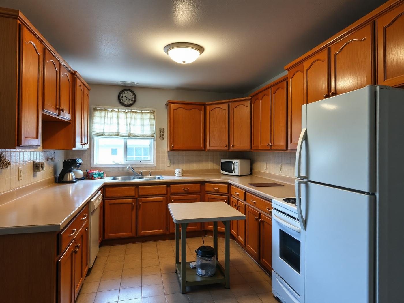 Dated oak kitchen with laminate countertops before renovation