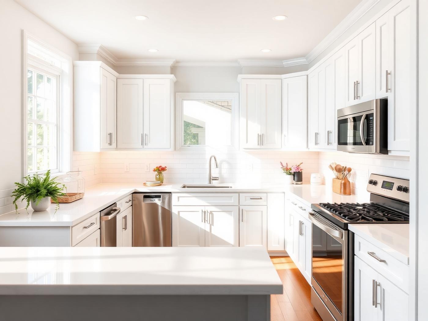 Remodelled kitchen with white shaker cabinets and quartz countertops